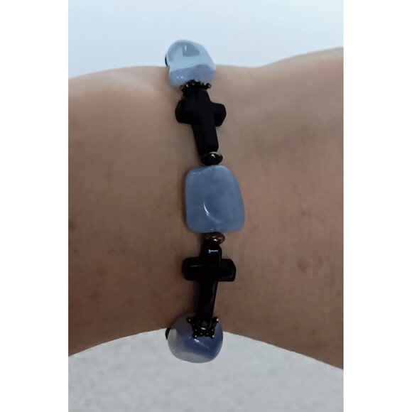 Artisan Sterling Silver Blue Lace Agate & Black Onyx Cross Bracelet 7.5 in - Picture 10 of 11